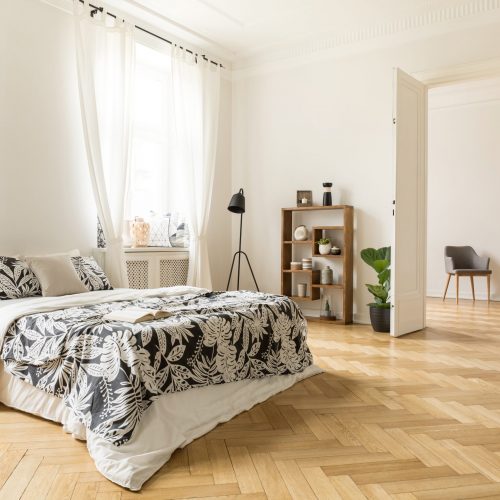 Stylish,Apartment,Interior,With,White,Walls,And,Herringbone,Wooden,Floor.